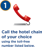 Step 1: Call the hotel chain of your choice using the toll-free number listed below.