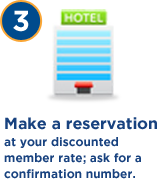 Step 3: Make a reservation at your discounted member rate; ask for a confirmation number.